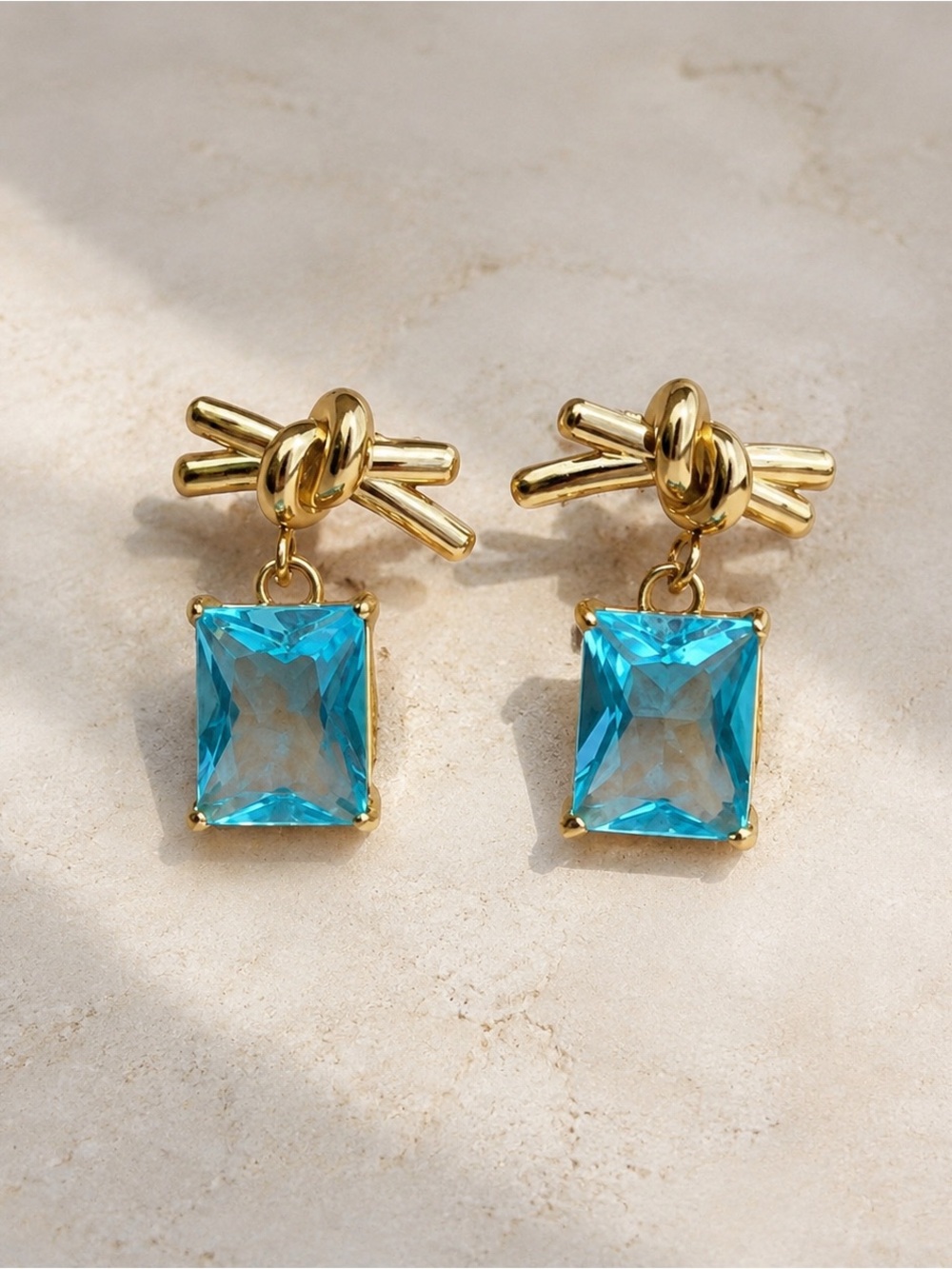 18K Gold Plated Blue Zircon Ribbon Drop Earrings